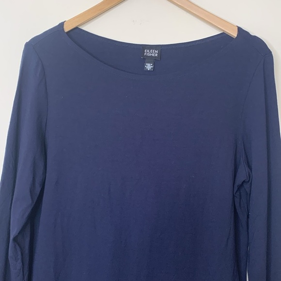 Eileen Fisher | Midnight Blue Stretch Viscose Long Sleeve Round Neck Top Shirt S - Picture 3 of 12